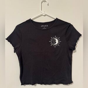 Awake Black Crop Top w/ Lettuce Edge Trim & Sun/Moon Print On Front
